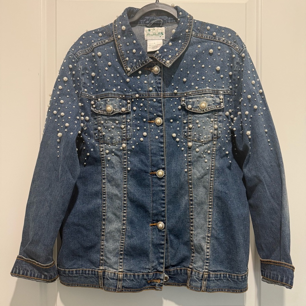 Vintage Pearl Embellished Oversized Denim Jacket - Picture 2 of 10